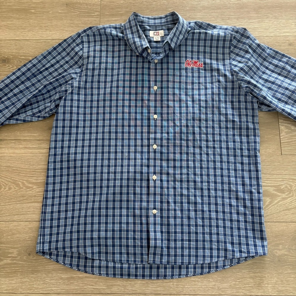 Mens Blue Long Sleeve Ole Miss‎ Logo Embroidered Plaid Shirt size XL